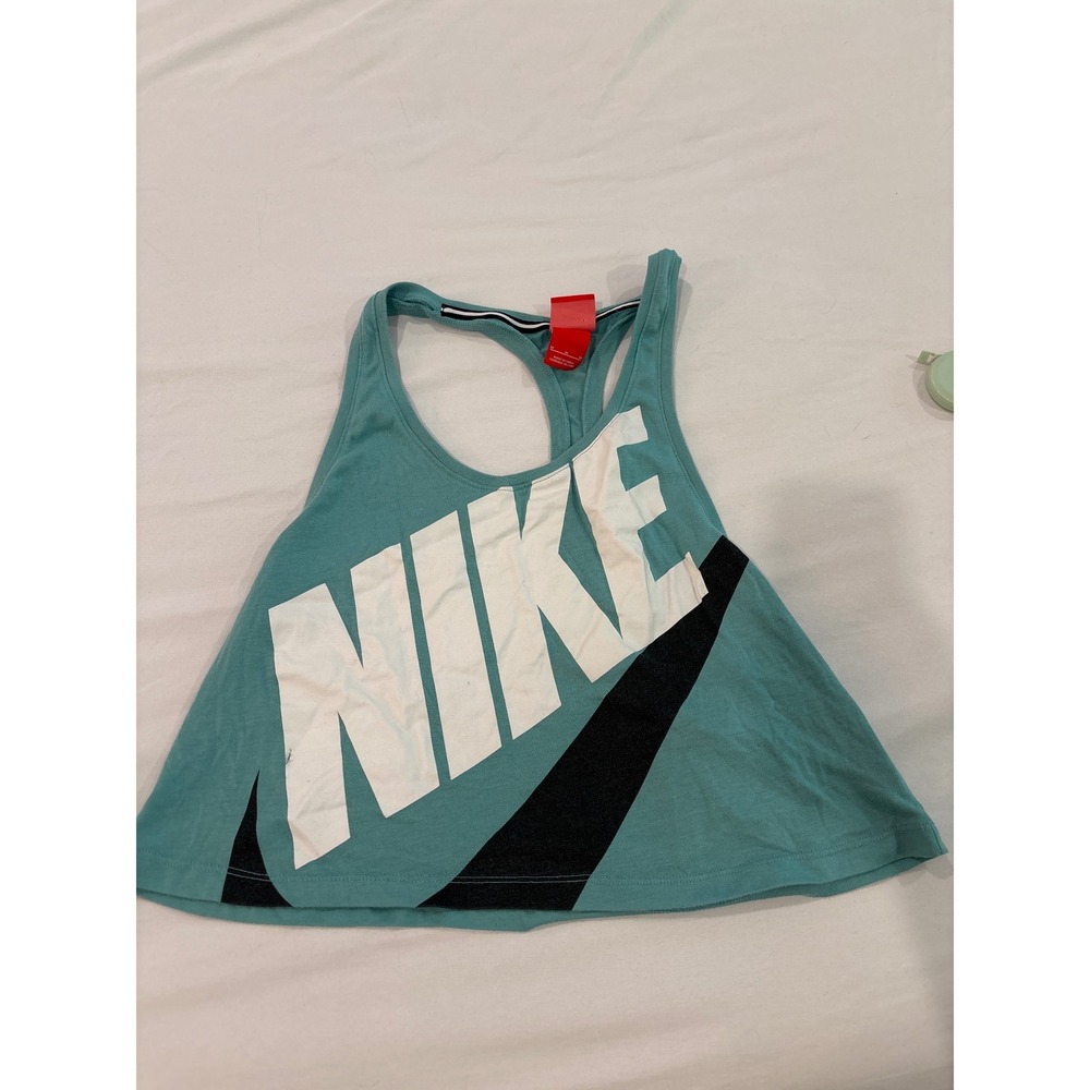 Nike Sportswear Women Teal Green Oversized Logo Racerback Crop Tank Top Medium